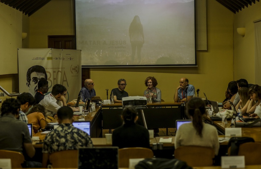 Héctor Feliciano, David Trueba, Stephanie Zacharek and Jonathan Levi, maestros de la Beca Gabo. Foto: Joaquín Sarmiento / FNPI