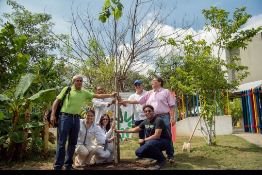 Directivos de la Fundación Gabo y la Fundación Santo Domingo, junto a uno de los macondos sembrados.