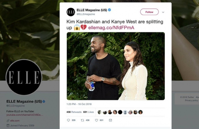 Captura de pantalla del tuit donde Elle anunciaba la separación de Kim Kardashian y Kanye West. 