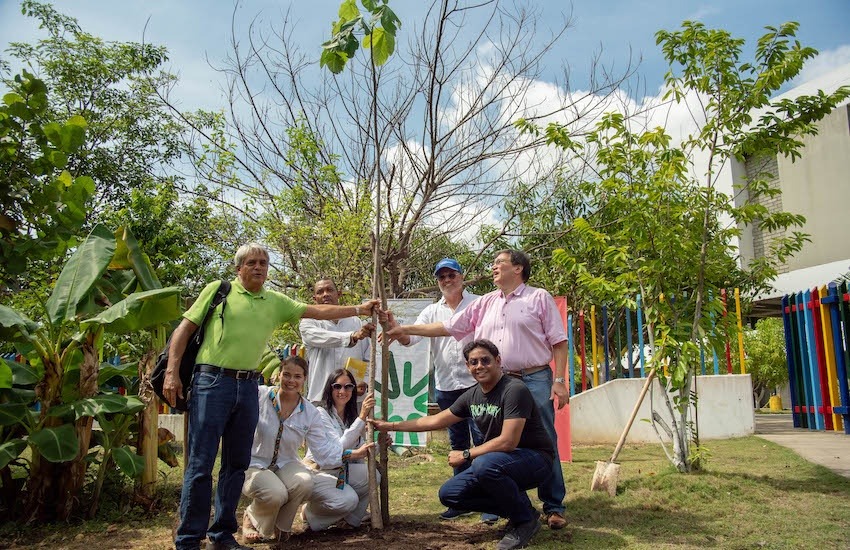 Directivos de la Fundación Gabo y la Fundación Santo Domingo, junto a uno de los macondos sembrados.