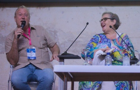 Jon Lee Anderson y Jackie Rae, viuda de Michael Jacobs, en el Hay Festival Cartagena 2018: Foto: Rafael Bossio / FNPI.